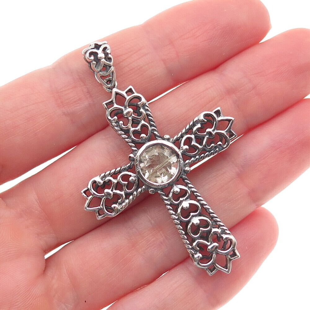 925 Sterling Vintage Real Rutilated Quartz Cross Fleur de Lis Charm Pendant